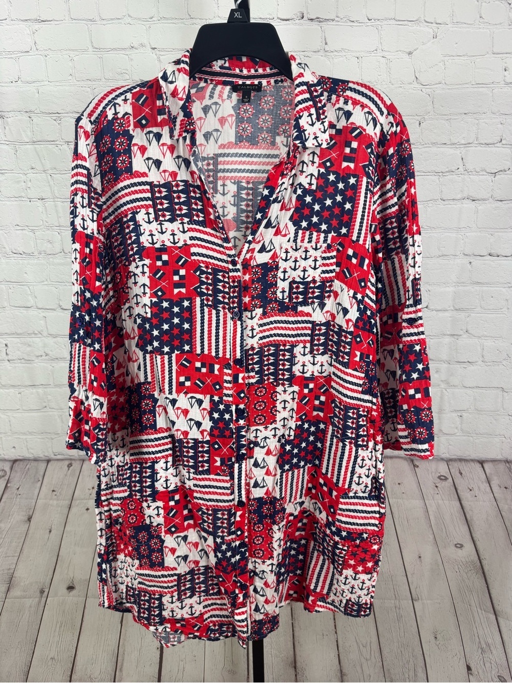 Talbots Patriotic Americana Crinkle Cotton Button Down Beach Shirt Cover Up Sz S